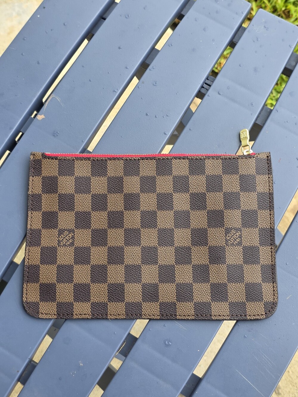 Louis Vuitton Damier Ebene Neverfull Pochette Wristlet Pouch Clutch Red Lining - Picture 1 of 8
